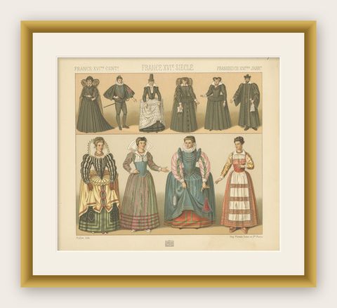 Pl. 70 Antique Print of French 16th Century Costumes by Racinet, circa 1880, shown framed