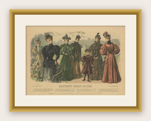 Antique Fashion Print from Germany with Women Wearing Dresses and Hats, 1893, shown framed