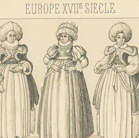 Pl. 95 Antique Print of European XVIIth Century Costumes by Racinet, circa 1880, close-up 1