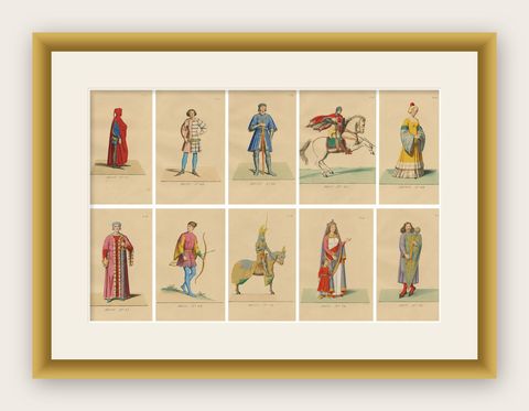 Set of 10 Hand-Colored Medieval Costume Prints by Paul Mercuri, Paris 1845, shown framed