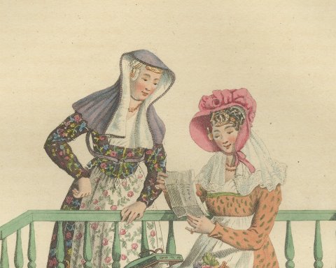 A Letter, Sweets and a Posy, Dutch Costume Print, Maaskamp, 1811, close-up 1