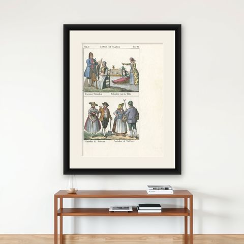 Antique Costume Print of Belgium and the Netherlands by Antonelli, 1842, shown framed on a wall
