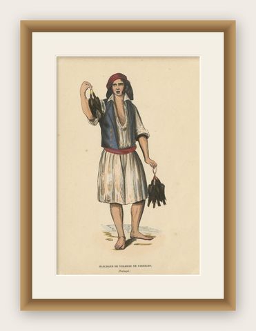 Antique Costume Print of a Poultry Merchant from Portugal by Wahlen, 1843, shown framed