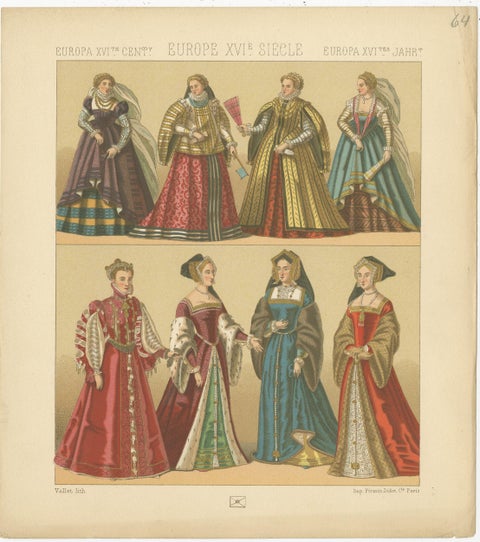 Pl. 64 Antique Print of European XVIth Century Costumes by Racinet, circa 1880, view 2