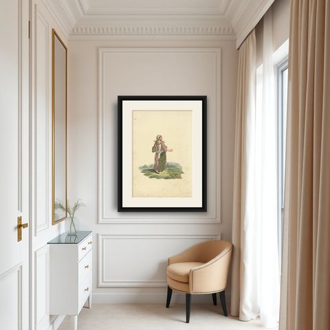 Antique Costume Print of a Woman of Finland in Her Holiday Dress, 1811, shown framed in a room