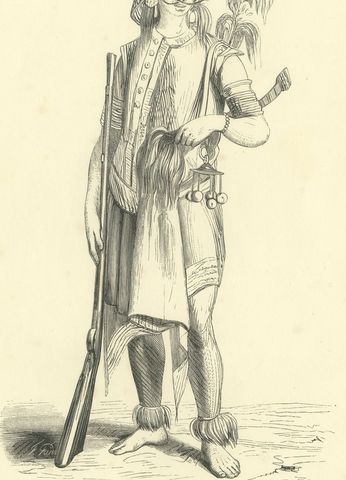 Warrior of Timor, Amfoang, Antique Wahlen Costume Print, 1843-1844, close-up 1