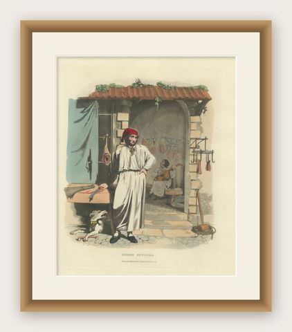 Costume Print: Roman Butcher at Work, 1820s Hand-Colored Engraving, shown framed