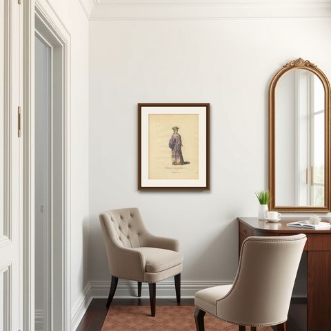 Lady of China in Court Attire, Antique Print, Jefferys, 1749, shown framed in a room