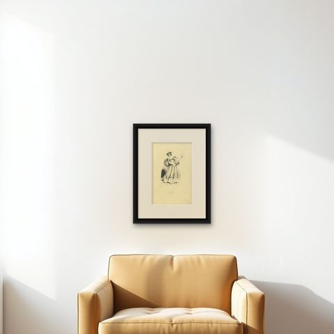 Dancer at Tahiti, Antique Wahlen Costume Print, 1843-1844, shown framed on a wall