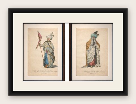 Antique Ottoman Costume Prints Pair, Standard Bearer & Turkish Priest, 1749, shown framed