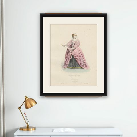 Antique French Costume Print of a Lady of the Court, Reign of Henri III, ca.1860, shown framed on a wall
