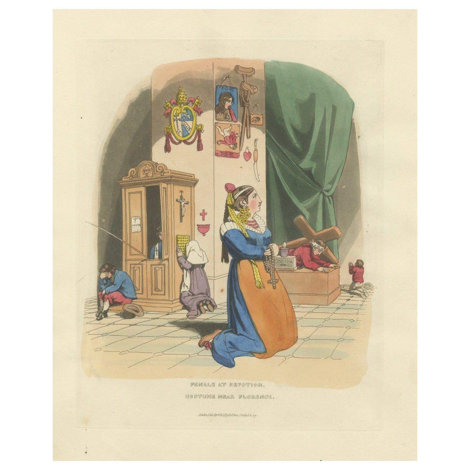 Costume Print: Woman at Devotion, Near Florence, 1820s Hand-Colored Engraving