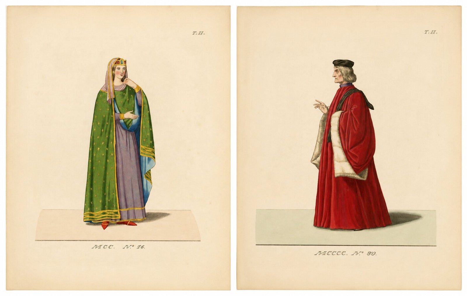 Venetian Nobleman and Noblewoman Costume Prints, Camille Bonnard, 1845