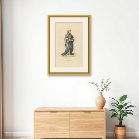 William de Beauchamp in Noble Attire in An Original Handcolored Lithograph, 1847, shown framed on a wall