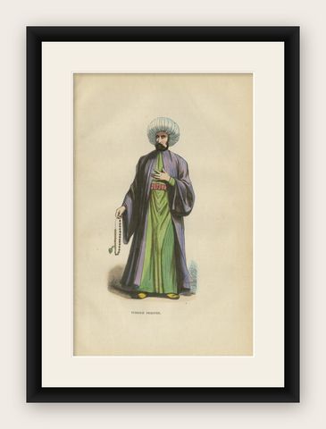 Turkish Religious Scholar - Antique Ottoman Costume Lithograph, c.1852, shown framed