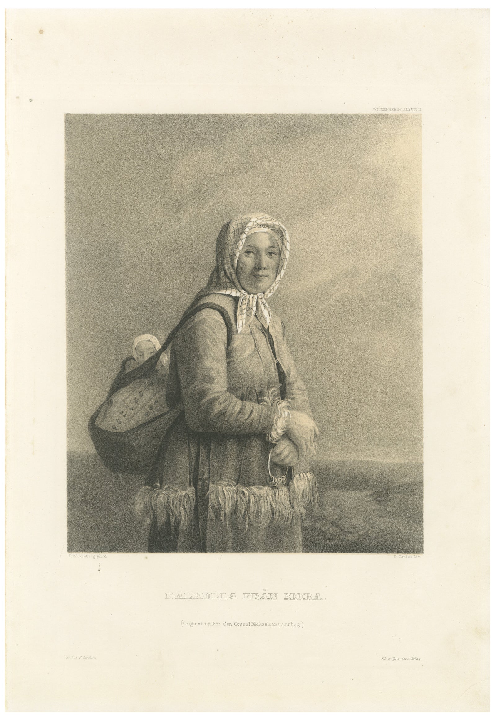 Dalkulla från Mora, Swedish Folk Costume Lithograph by Pehr Wickenberg, 1850