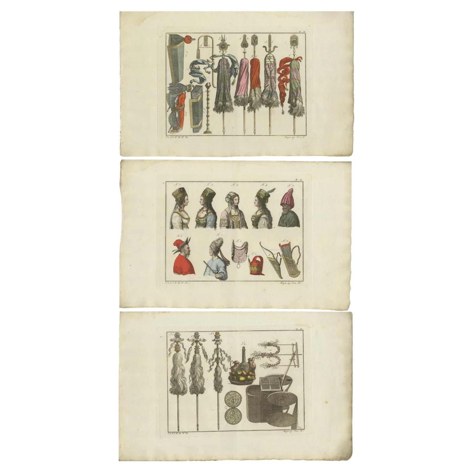 Set of 3 Antique Prints of Turkish Costumes & Utensils in the Middle Ages, 1810