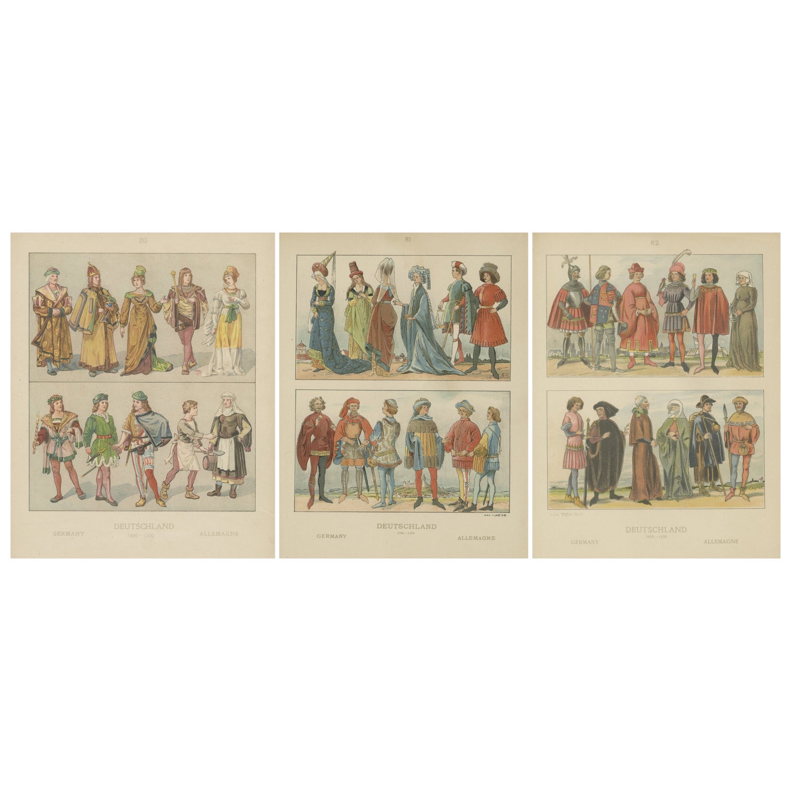 German Costume History 1450–1670, Set of Three Antique Hand-Colored Prints, 1880