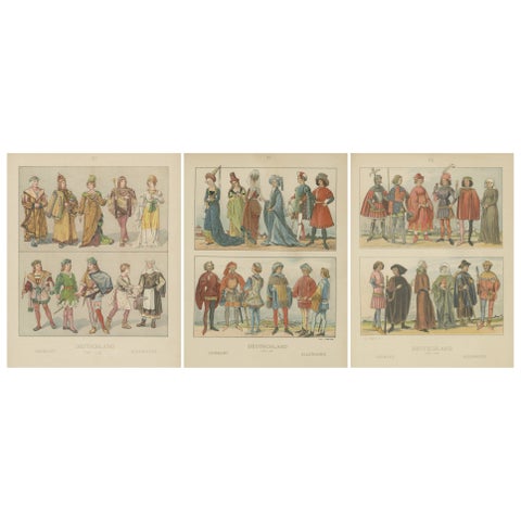 German Costume History 1450–1670, Set of Three Antique Hand-Colored Prints, 1880