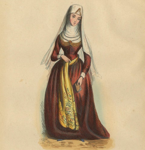Exquisite 1844 Lithograph of Traditional Georgian Woman in Full Attire, close-up 3