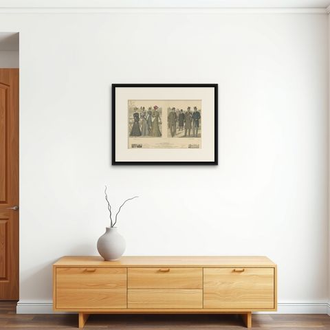 Original Hand-Colored Antique Fashion Print, Published in August, 1898, shown framed on a wall