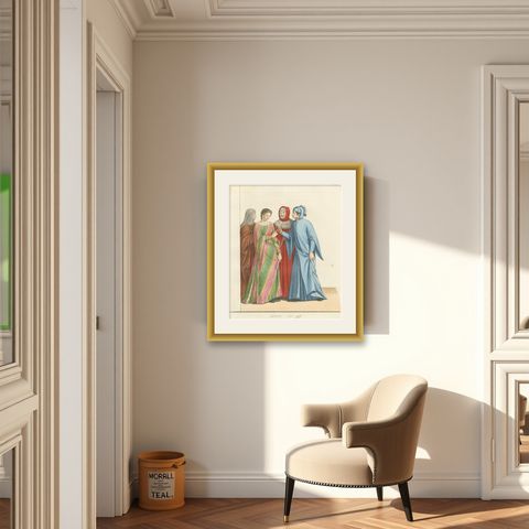 Medieval Italian Courtship c.1300s, Nobles in Historic Dress, Print 1845, shown framed in a room
