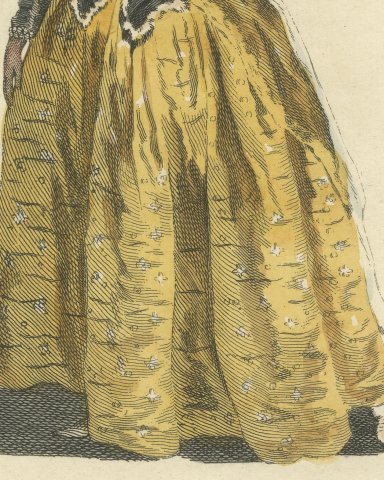 Eltruda in the Masque of Alfred, Georgian Stage Costume, Jefferys Print, 1757, close-up 2