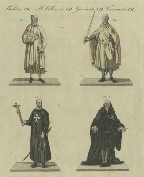 Knights Templar and Clergy: Hand-Colored Engraving of Historical Attire (1805), close-up 4