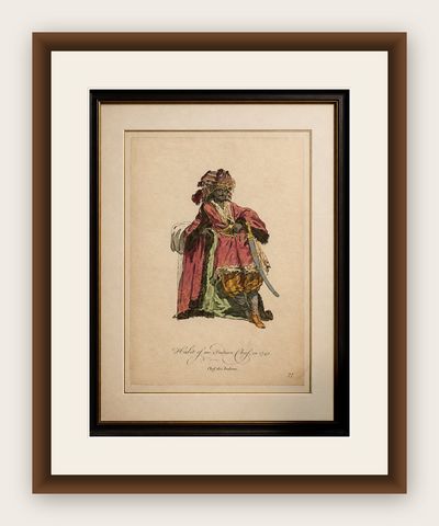 Antique Costume Print, Indian Chief, Exotic Dress & Arms, 1749, shown framed