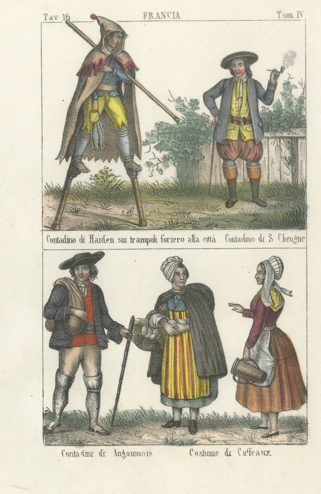 Stilt Walker of Haiden and French Peasants, Hand Colored Lithograph, 1842