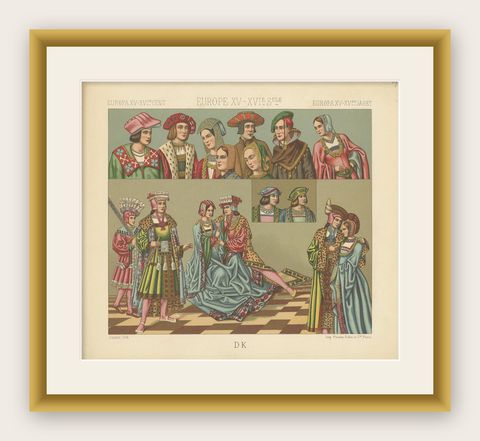 Pl 41 Antique Print of European 15th-16th Century Costumes by Racinet, shown framed