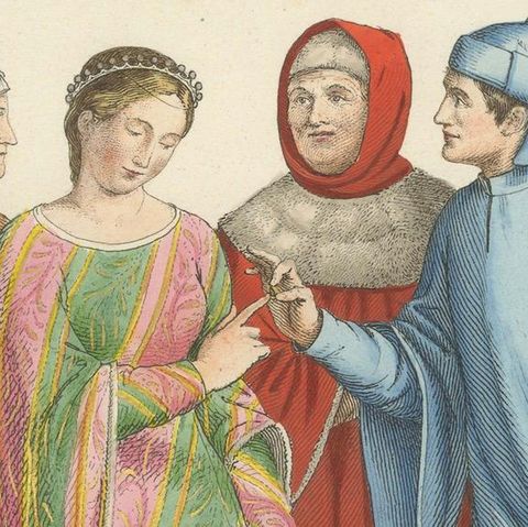 Medieval Italian Courtship c.1300s, Nobles in Historic Dress, Print 1845, close-up 5