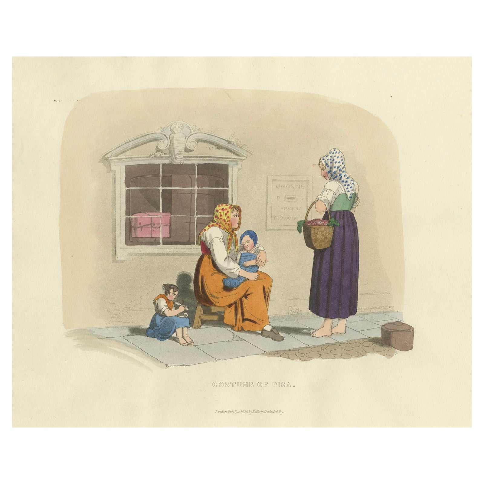 Costume Print: Women and Children in Pisa, 1820s Hand-Colored Engraving