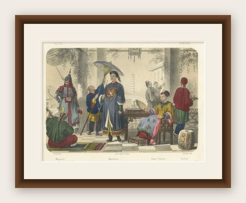 Chinese Costumes, Mandarin, Tartar Lady and Musicians, c.1845, shown framed