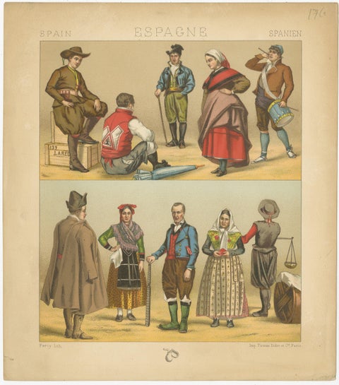 Pl. 176 Antique Print of Spanish Costumes by Racinet, 'circa 1880', view 4