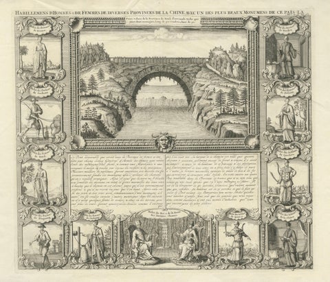 Antique China Costume & Xensi Bridge Engraving, Chatelain, 1719, close-up 1