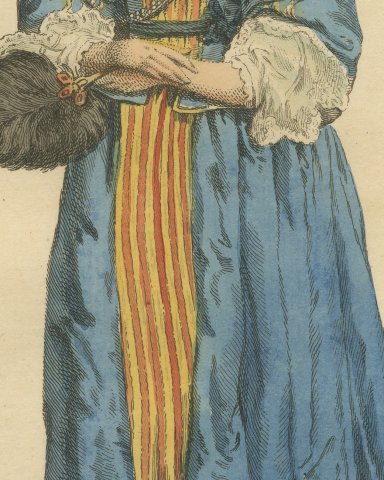 English Lady of Quality in 1640 with Feather Fan, Jefferys Costume Print, 1757, close-up 2
