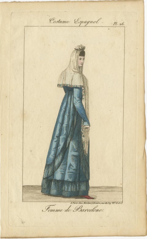 Woman of Barcelona, Hand-Colored Engraving from Costume Espagnol, Paris, c.1805, view 2
