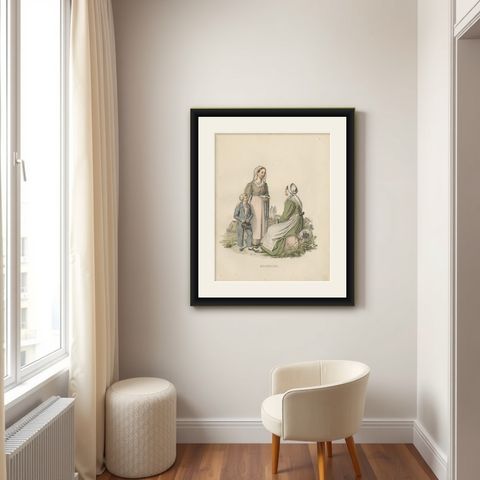 Antique Costume Print of Allerum in Sweden, c.1864, shown framed in a room