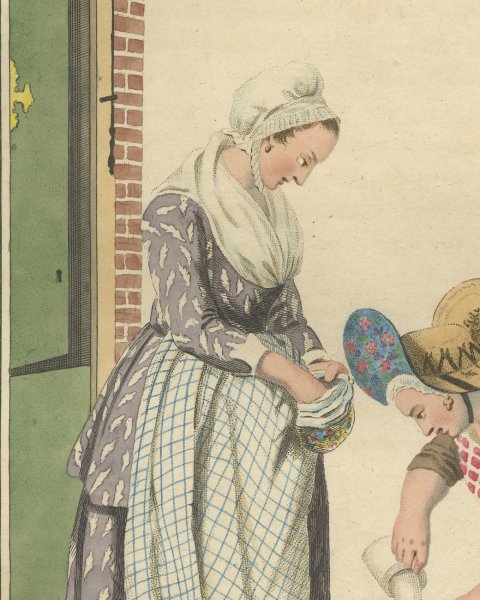 Milk Measuring at the Door, Dutch Costume Print, Maaskamp, 1811, close-up 1