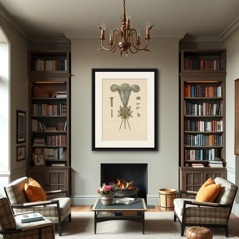 Antique Print of Hat Jewelry with Feathers by Hefner-Alteneck '1890', shown framed in a room