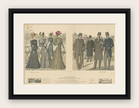 Original Hand-Colored Antique Fashion Print, Published in August, 1898, shown framed