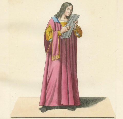 Antique 1845 Hand-Colored Engraving of Medieval Singer in Pink Robe, France, close-up 1