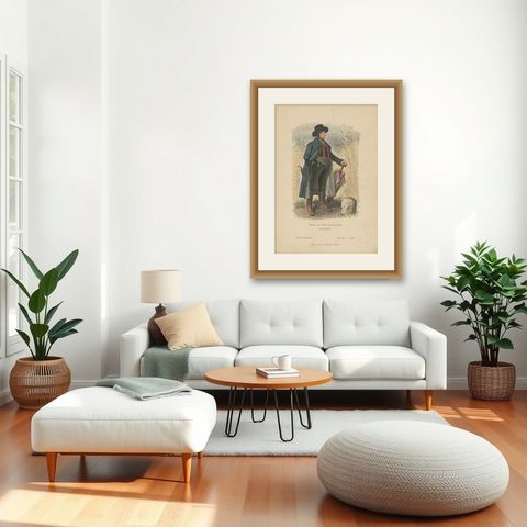 Antique Costume Print of a Farmer from the Region of Traunkreis by Lipperheide, shown framed in a room