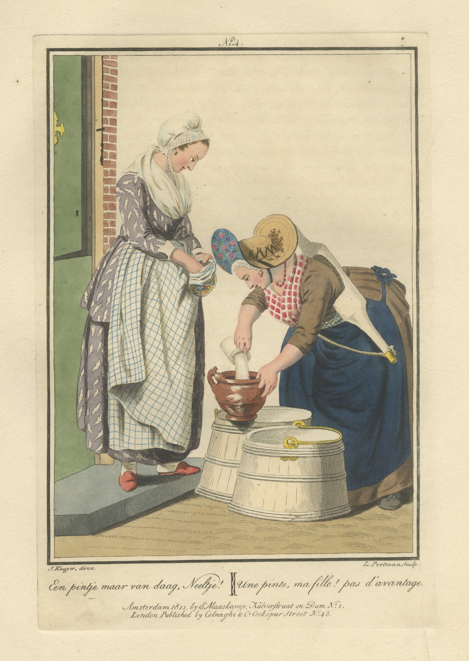 Milk Measuring at the Door, Dutch Costume Print, Maaskamp, 1811