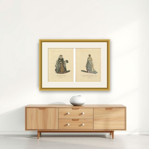 Bologna Renaissance Costume Engravings, Hand-Colored Italian Fashion Pair, 1749, shown framed on a wall