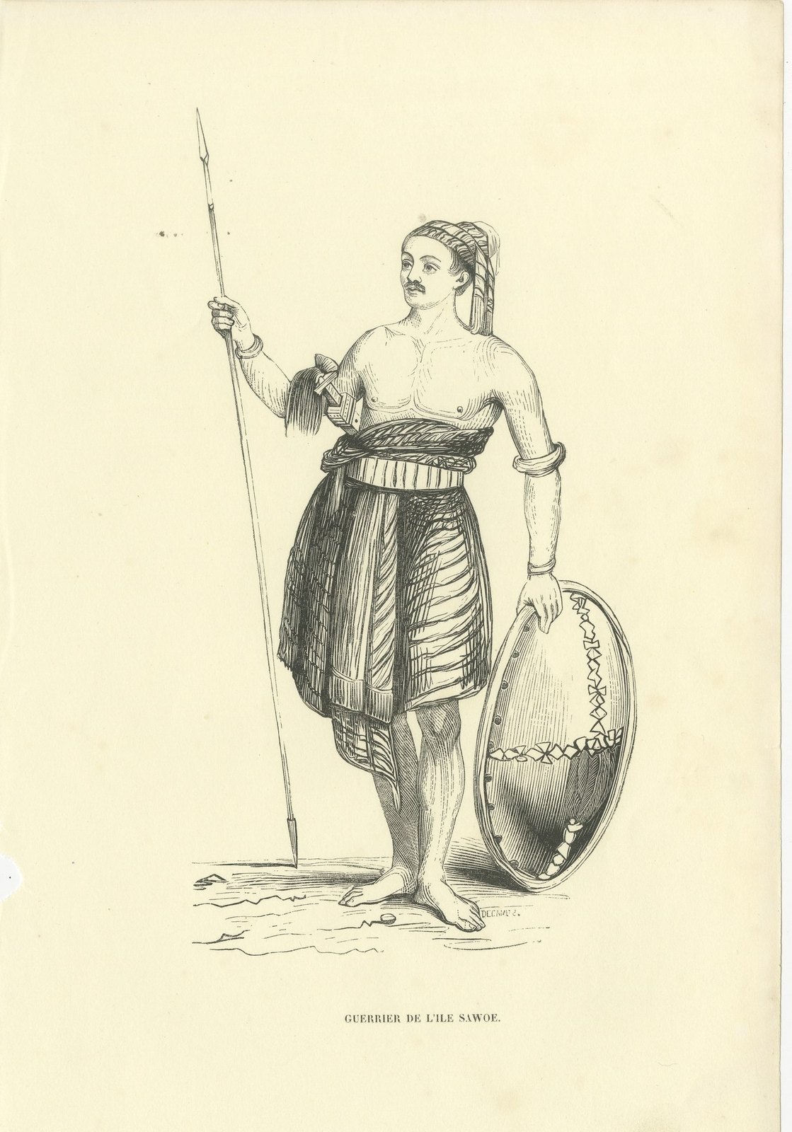 Warrior of the Island of Sawoe, Antique Wahlen Costume Print, 1843-1844