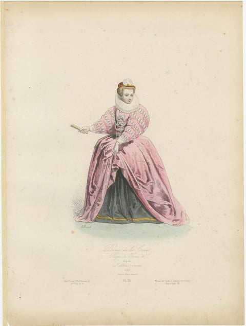 Antique French Costume Print of a Lady of the Court, Reign of Henri III, ca.1860, view 2