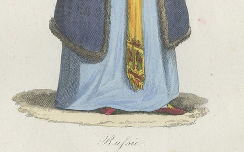 Russian Woman Costume Print, Antique Hand-Colored Lithograph, 1854, close-up 3