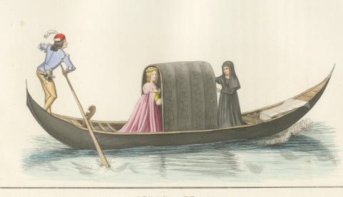Venetian Noblewoman and Nun in Gondola, Medieval Costume Plate, 1845, close-up 2